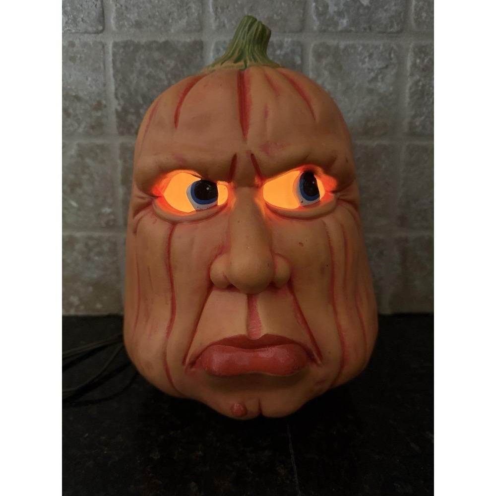 Vintage Ceramic Grumpy Pumpkin Halloween Jack O Lantern Lights Up Creepy